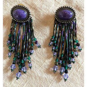 Southwestern Sterling Sugilite Crystal Dangle Earrings Purple Green 3.5” Length